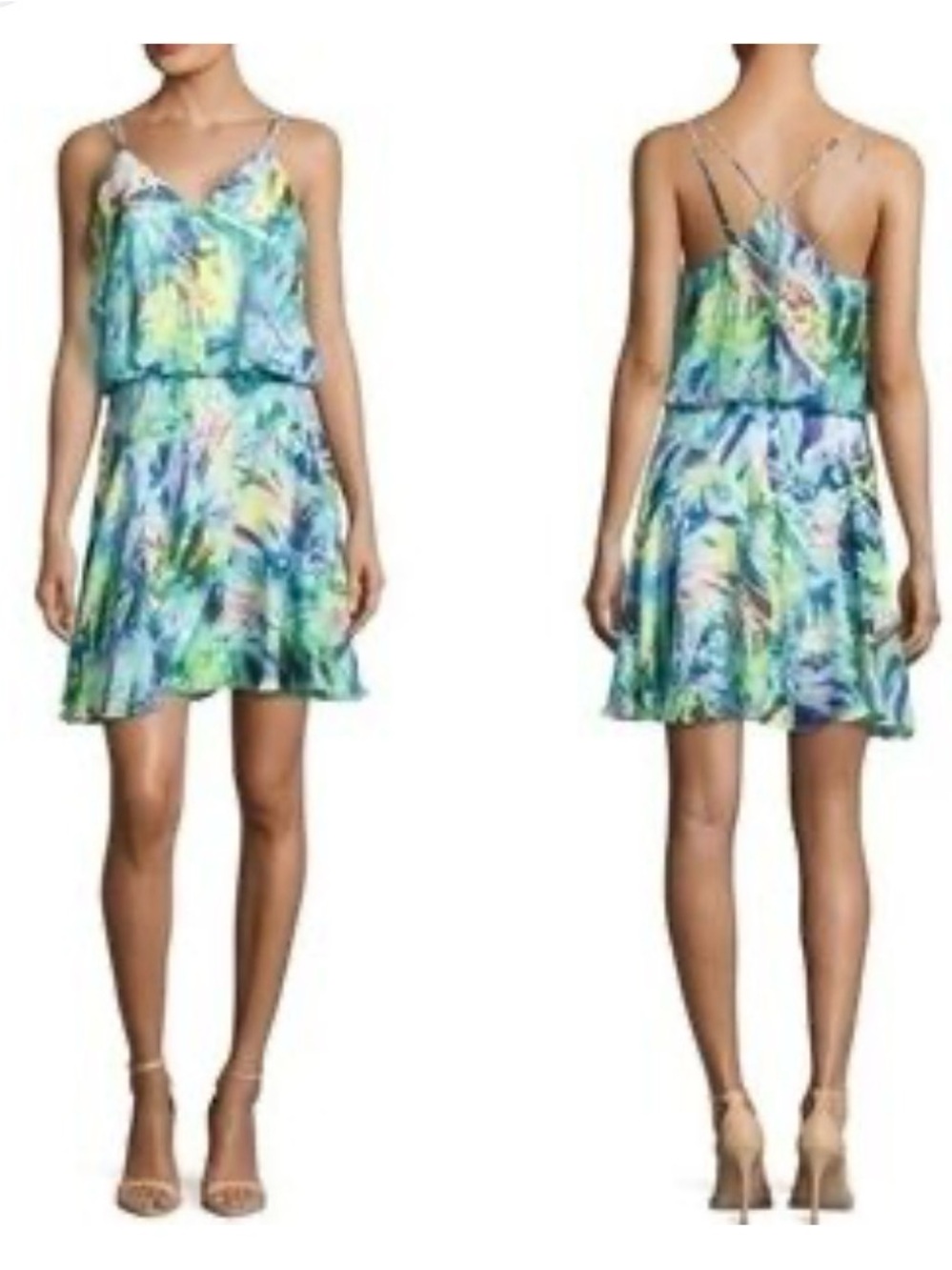 Milly Floral Watercolor Mini Dress in Blue and Green
